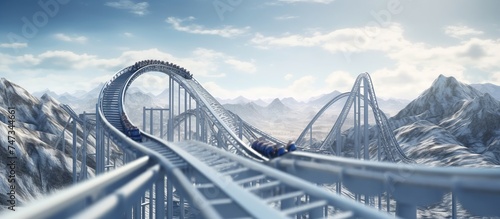 An extreme, adrenaline-pumping rollercoaster track against a backdrop of blue skies and snowy mountains photo