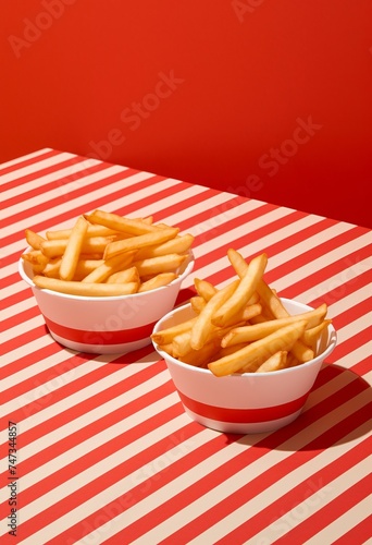 Golden French Fries in White Bowls on Striped Cloth for Restaurant Menus and Food Blogs.