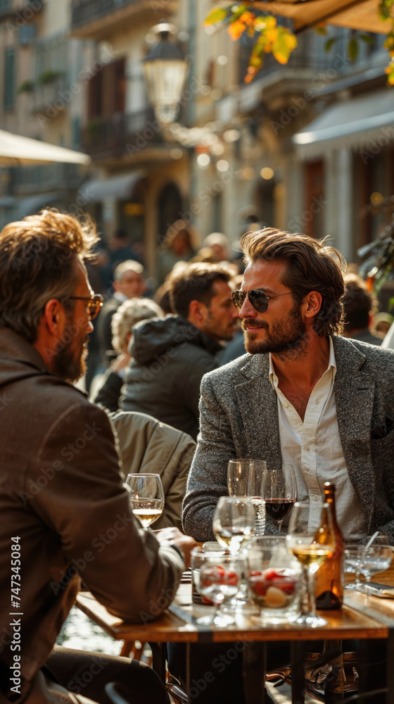 A group of fashionable individuals engaged in lively discussions over drinks in a cafe setting