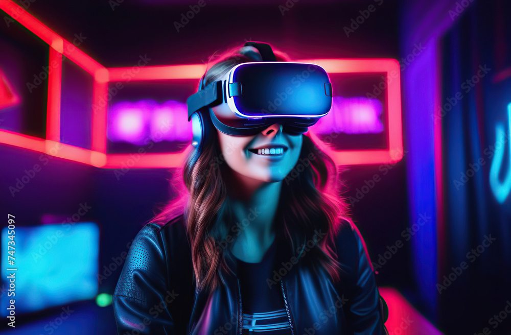 Happy girl playing virtual reality game in vr headset glasses in neon lights. Gamer in goggles with joysticks. Happy girl playing virtual reality game in vr headset glasses in neon lights. Gamer in goggles with joysticks.