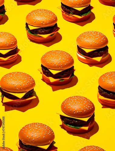 Cheeseburgers on a bright yellow background create a pop art effect, playful and eye-catching, pattern