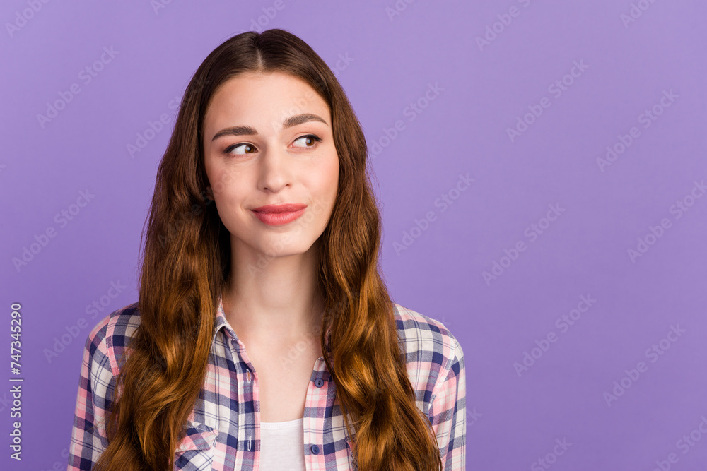 Photo of amazing lady looking up empty space deep thinking creative wear casual clothes isolated bright color background Photo of amazing lady looking up empty space deep thinking creative wear casual clothes isolated bright color background
