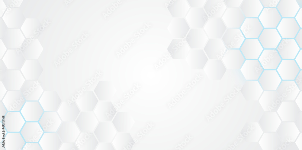 Hexagonal abstract white metal background with light. Hexagonal gaming vector abstract tech background.	 - obrazy, fototapety, plakaty 