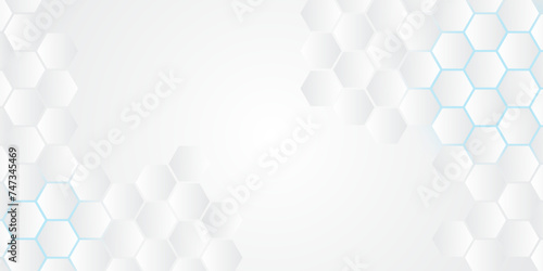 Hexagonal abstract white metal background with light. Hexagonal gaming vector abstract tech background.	 photo