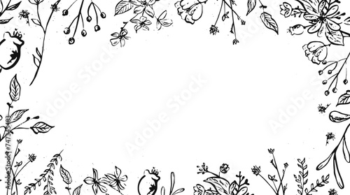 Black and white floral frame with herbs and wild flowers. Doodle design. Vector illustration