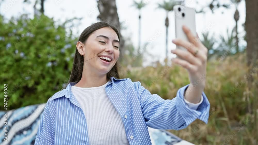 Smiling young hispanic woman in a striped shirt having a video call with a smartphone in a lush outdoor park Smiling young hispanic woman in a striped shirt having a video call with a smartphone in a lush outdoor park