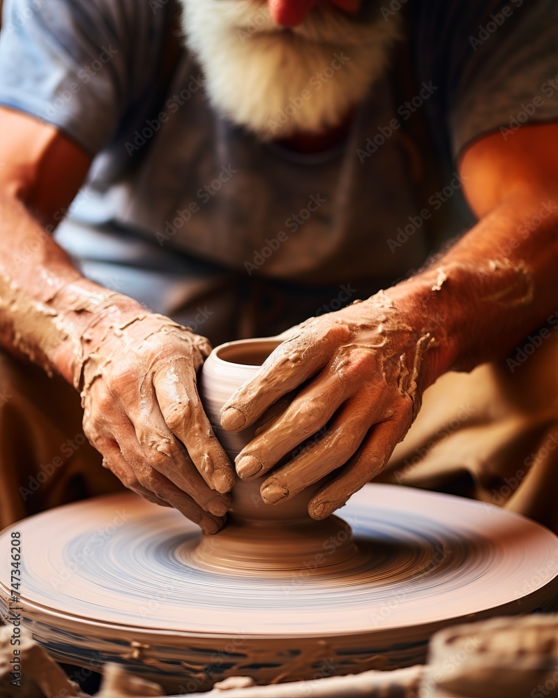 Close-up of a potter's hands covered in clay, shaping pottery on a spinning wheel, with blurred movement suggesting crafting action. Warm lighting emphasizes the artistry of ceramics.