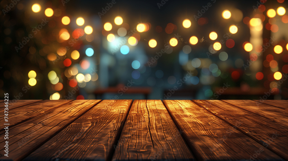 Empty wooden table with defocused warm glowing festive lights creating a bokeh effect in a cozy ambiance. Empty wooden table with defocused warm glowing festive lights creating a bokeh effect in a cozy ambiance.