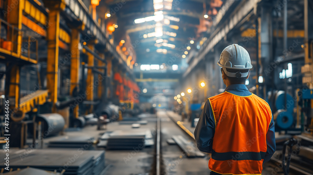 Rear view of industrial engineer in hard hat wearing safety jacket in heavy industrial production plant with metal processing. Rear view of industrial engineer in hard hat wearing safety jacket in heavy industrial production plant with metal processing.