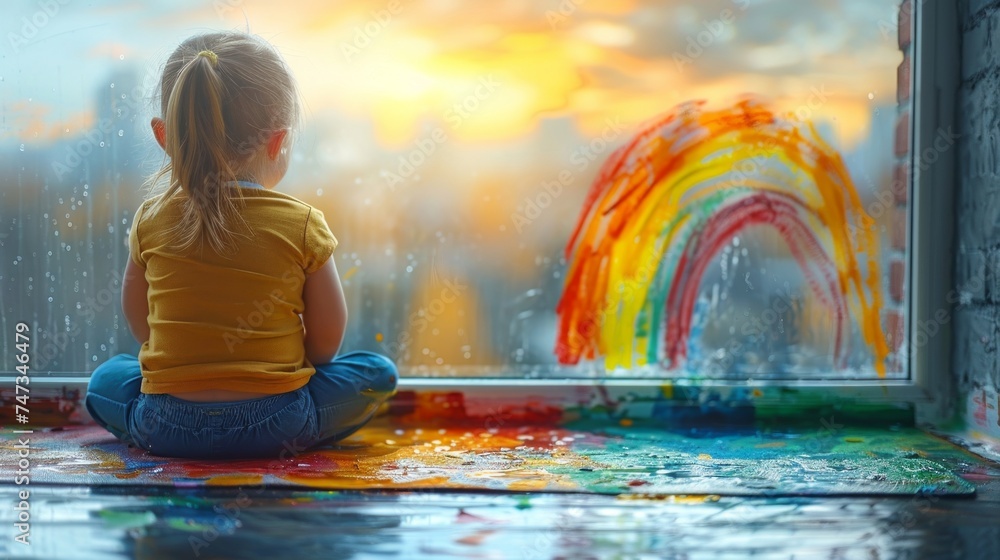 Naklejka premium Little girl sitting on the windowsill and playing with colorful paints rainbow. Lonely kid at home. Autism concept