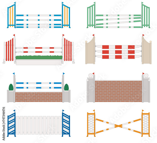 equestrian show jumping obstacles, a set of 8 from rails to walls isolated on white background