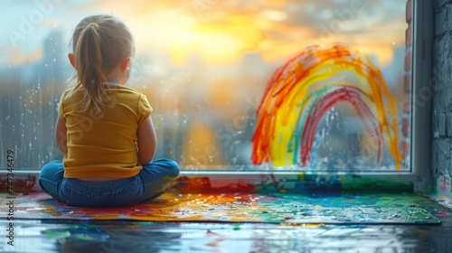 Little girl sitting on the windowsill and playing with colorful paints rainbow. Lonely kid at home. Autism concept #747346479