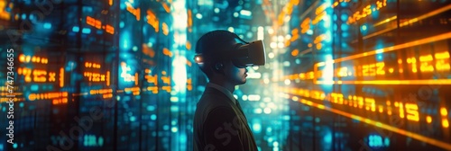 Business Concept Visualization, Businessman in VR Headset Immersed in Virtual World of Data Graphics and Stocks © Ahasanara