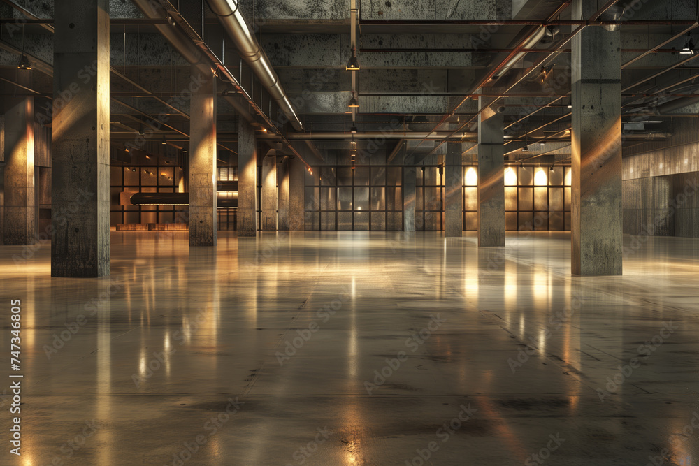 Modern Industrial Loft with Warm Lighting. Spacious and modern industrial loft featuring reflective concrete floors, warm ambient lighting, and a series of steel columns.