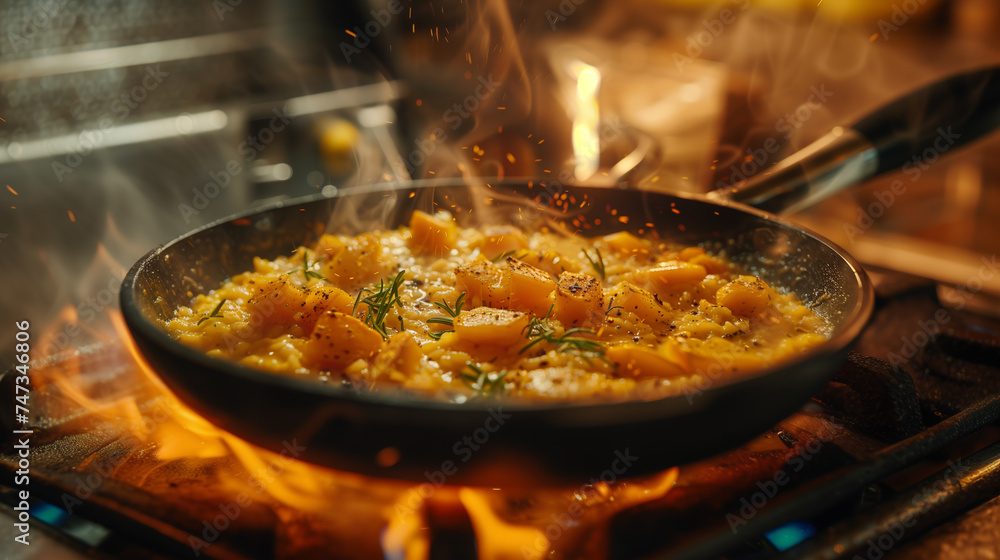 Warm butternut squash risotto topped with herbs and a sprinkle of spices, basking in golden sunlight.