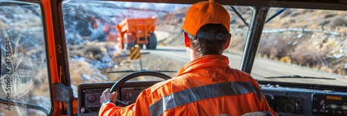 On the Road, Truck or Dump Truck Driver Behind the Wheel in the Cabin, Wearing Orange Outfit with Reflective Stripes for Safety. photo