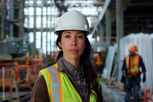 Committed Female Engineer on Industrial Site. Portrait of a resolute female engineer with a white hard hat and high-visibility vest at an industrial facility.