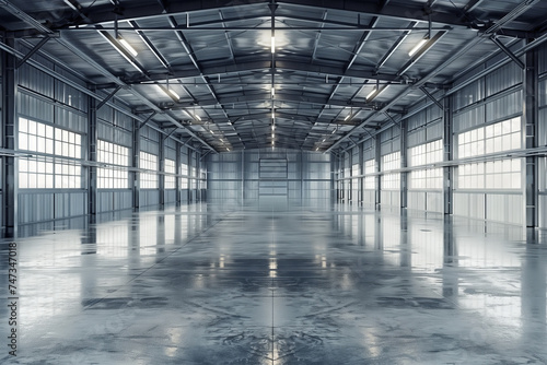 Modern Industrial Warehouse with Natural Light. The interior of a modern industrial warehouse with a shiny floor reflecting the ample natural light coming through large windows.