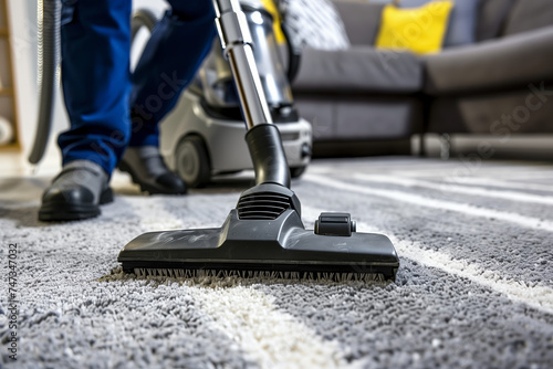 Professional Carpet Cleaning Service. Close-up of vacuum cleaner on shaggy carpet with sofa and cleaner in background.