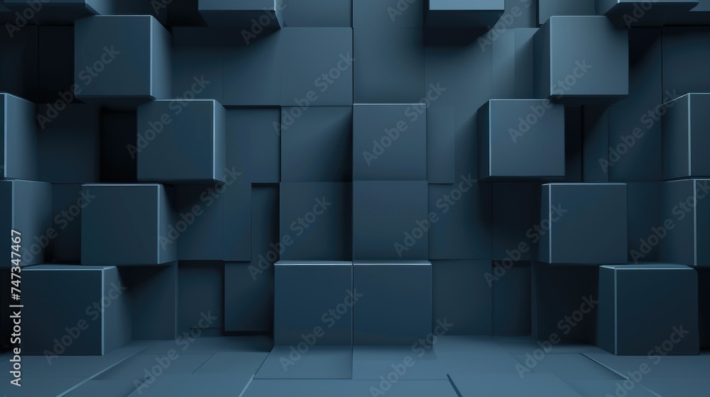 Abstract 3D rendering of a blue geometric background. The background is made up of many small cubes of different sizes. Abstract 3D rendering of a blue geometric background. The background is made up of many small cubes of different sizes.