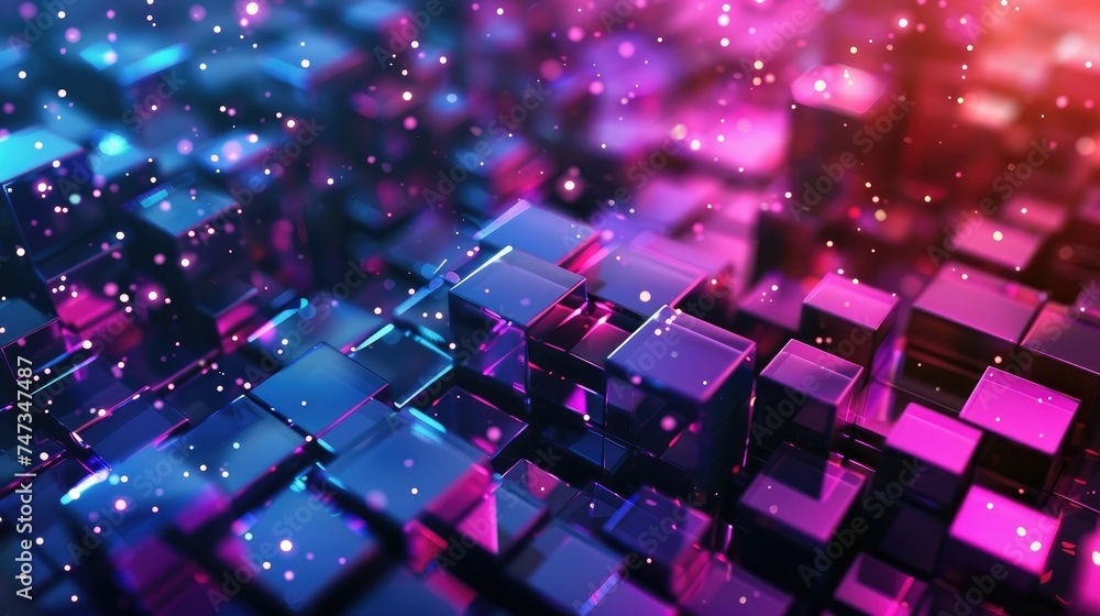 3D rendering of a glowing blue and pink cubes. 3D rendering of a glowing blue and pink cubes.