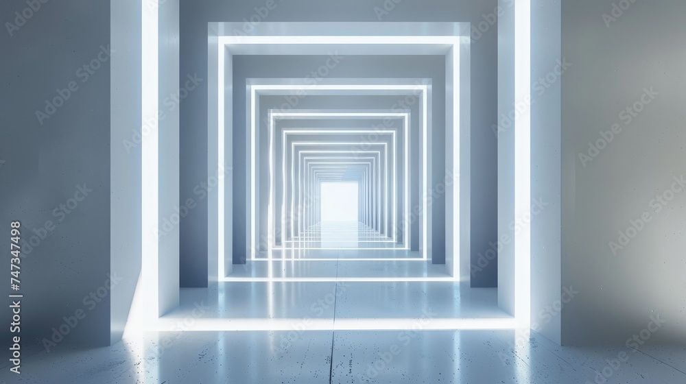 A 3D rendering of a futuristic hallway with bright lights at the end of the tunnel. A 3D rendering of a futuristic hallway with bright lights at the end of the tunnel.