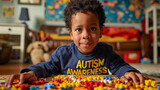 African american boy playing with blocks at home. Autism awareness concept