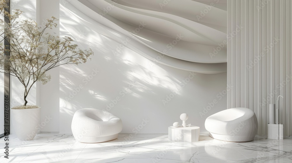 The image is a 3D rendering of a modern living room. The room is decorated in a minimalist style with white walls and furniture. The image is a 3D rendering of a modern living room. The room is decorated in a minimalist style with white walls and furniture.
