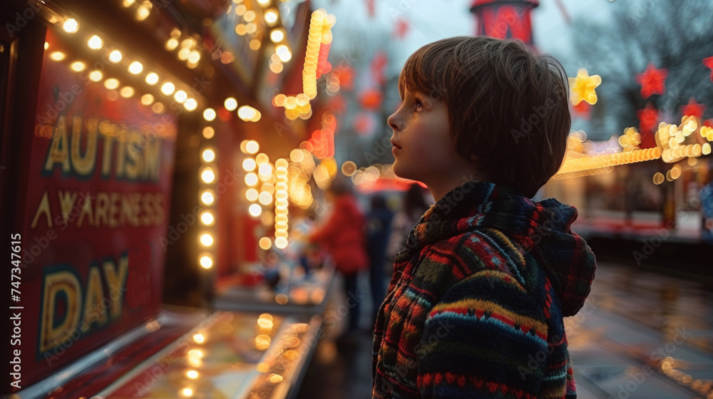Cute little boy having fun at the market. Autism awareness day. Cute little boy having fun at the market. Autism awareness day.