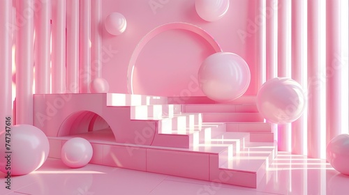 This is a 3D rendering of a pink and white geometric background. The image features a pink platform with stairs leading up to a circular stage.