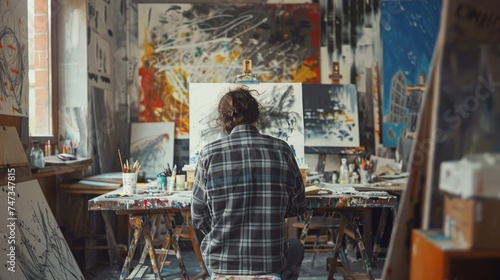 An artist sits in his studio, surrounded by his paintings. He is wearing a plaid shirt and has long hair.