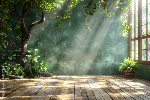 Empty wooden terrace with green wall 3d render,There are wood plank floor with tropical style tree garden background sunlight shine on the tree 