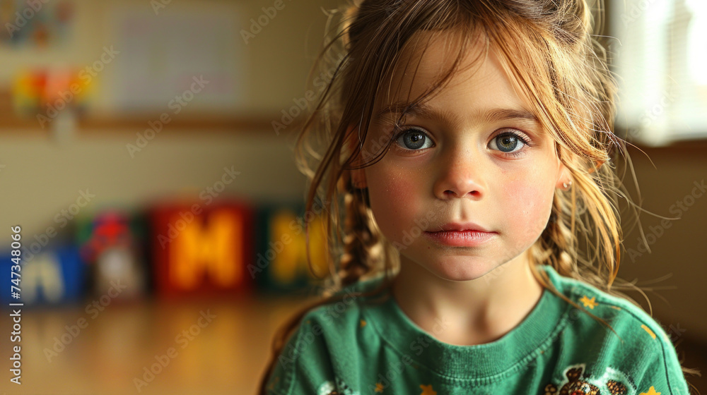 Portrait of a cute little girl with long hair in the room. Autism spectrum disorder family support concept. - obrazy, fototapety, plakaty 