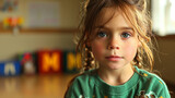 Portrait of a cute little girl with long hair in the room. Autism spectrum disorder family support concept.