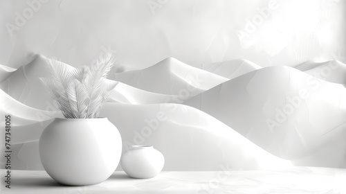 White vase with feathers on a white background.