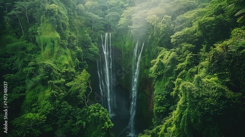 Amazing view of a waterfall in the middle of a green forest. The waterfall is surrounded by tall trees and green plants.