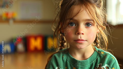 Portrait of a cute little girl with long hair in the room. Autism spectrum disorder family support concept. photo
