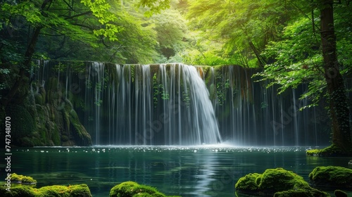 The sun shines through the green leaves of the trees and illuminates the beautiful waterfall.