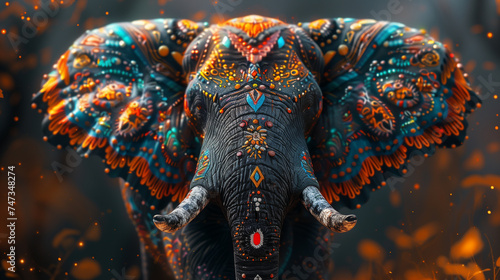 Amidst a mystical autumn forest adorned with floating orange leaves, a vibrantly decorated elephant stands majestically, adding a touch of magic to the serene scene. © NaphakStudio