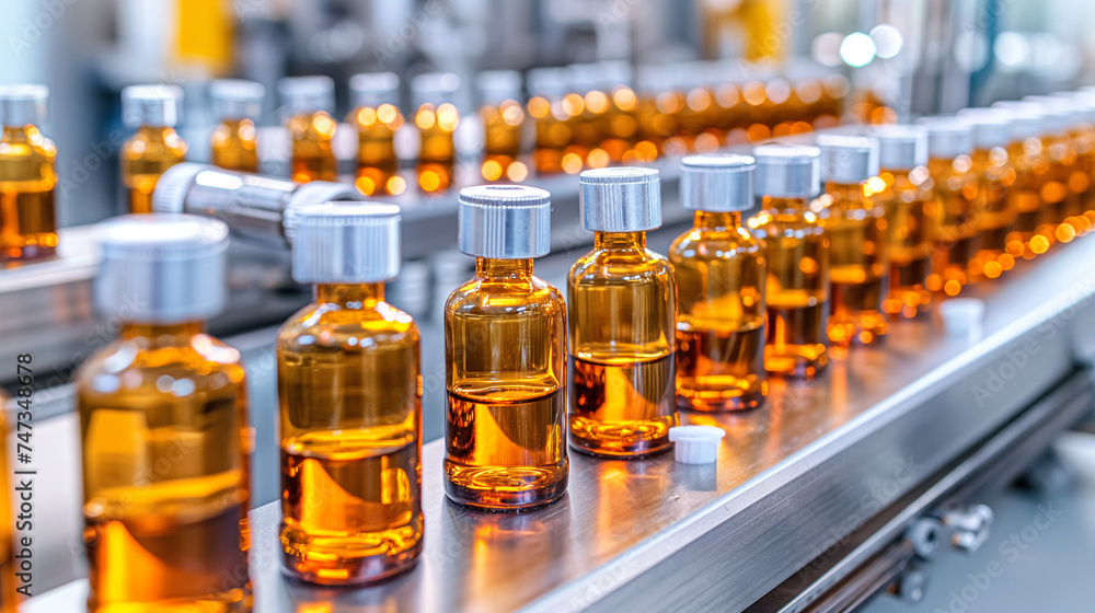 Close-up of the Medical Ampoule production line at a modern pharmaceutical factory. Drug manufacturing process Close-up of the Medical Ampoule production line at a modern pharmaceutical factory. Drug manufacturing process