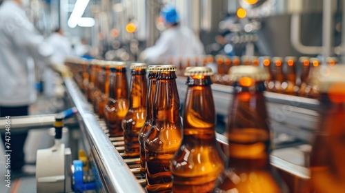 Crafting Perfection  Brown Glass Beer Bottles Progressing Along Production Line Conveyor Belt in Brewery  with Workers in Background  Highlighting the Art of Industrial Food Production.