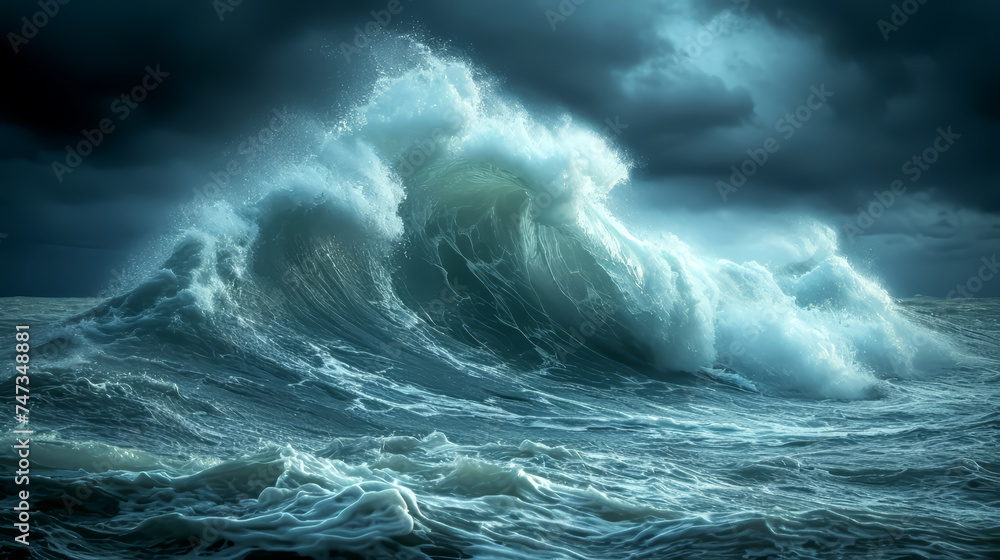 Big stormy wave in the sea. - obrazy, fototapety, plakaty 