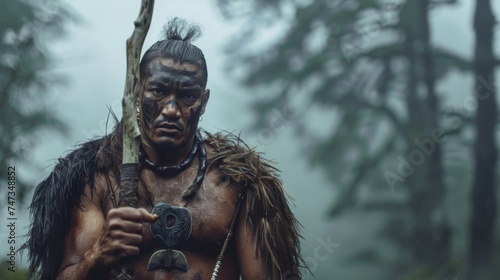 A lone Maori warrior stands in a misty forest his taiaha and patu at his side ready to defend his people and their land against any threat.