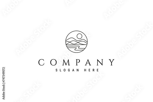 Vector logo abstract image of mountains under a lake or river in a linear style circle frame.