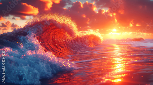 A beautiful ocean wave at sunset with orange sky.