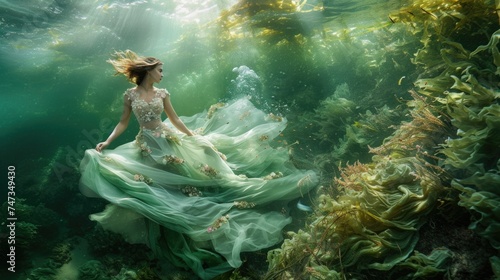 A green dress surrounded by algae and dynamic splash. Concept of Algal Fabrics - Green Textile Trend. Eco-Friendly Fabric from Algae, Material Innovation, sustainable fashion