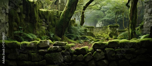 The forest is covered in thick  soft green moss  with rocks and trees scattered throughout. The moss creates a serene and enchanting ambiance in the environment.