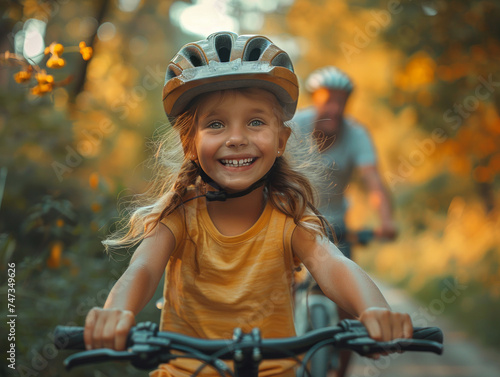Girl riding a bicycle in a safety helmet with her family in the park in autumn, enjoying a family weekend