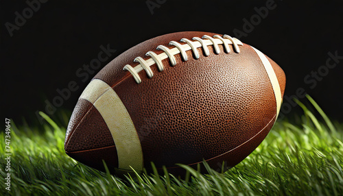 American football on green grass  on black background