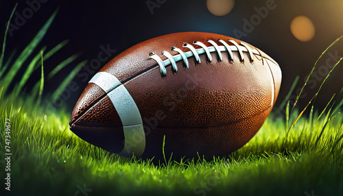 American football on green grass, on black background